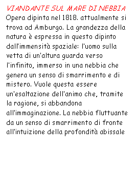 Text Box: VIANDANTE SUL MARE DI NEBBIA 
Opera dipinta nel 1818. attualmente si trova ad Amburgo. La grandezza della natura  espressa in questo dipinto dall'immensit spaziale: l'uomo sulla vetta di un'altura guarda verso l'infinito, immerso in una nebbia che genera un senso di smarrimento e di mistero. Vuole questa essere un'esaltazione dell'animo che, tramite la ragione, si abbandona all'immaginazione. La nebbia fluttuante da un senso di smarrimento di fronte all'intuizione della profondit abissale            
