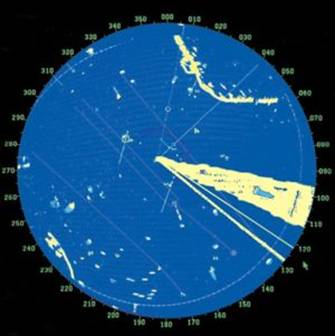 Effetto del radar jamming su di un radar navale. Le tre sorgenti di jamming sono posizionate tra i 90 e 130 gradi