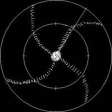 Schema di una interferenza 'running rabbit', le spirali sono dovute all'interferenza di un radar vicino ed operante alla stessa frequenza